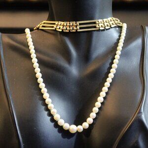 Vintage Necklace Lot of Two Gold Tone Chain Faux Pearl